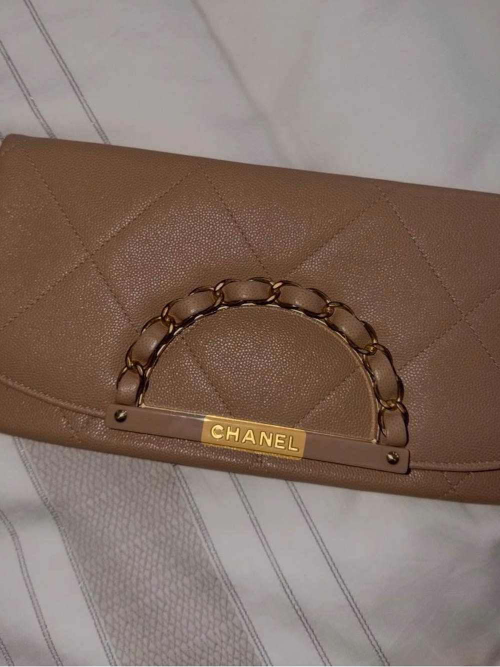 CHANEL Tan Quilted Leather Clutch with Chain Handle
